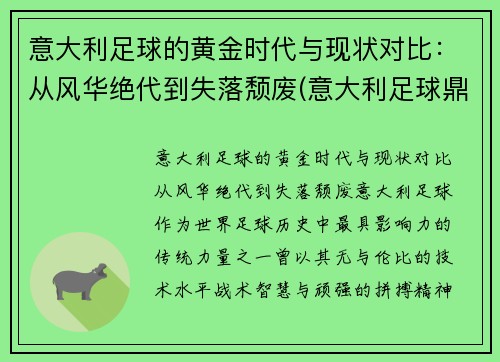 意大利足球的黄金时代与现状对比:从风华绝代到失落颓废(意大利足球鼎盛时期)