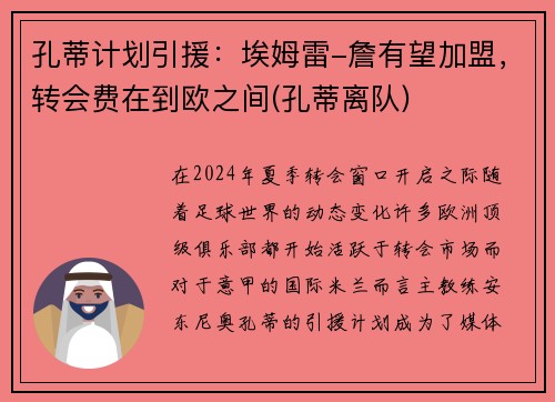 孔蒂计划引援:埃姆雷-詹有望加盟,转会费在到欧之间(孔蒂离队)
