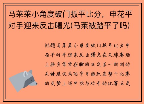 马莱莱小角度破门扳平比分，申花平对手迎来反击曙光(马莱被踏平了吗)