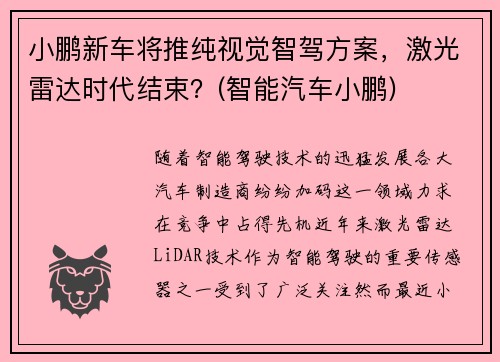 小鹏新车将推纯视觉智驾方案，激光雷达时代结束？(智能汽车小鹏)