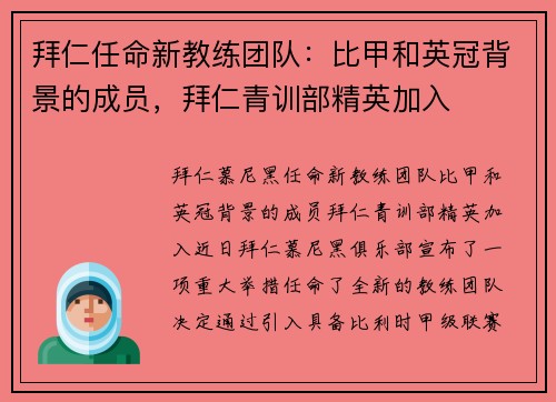 拜仁任命新教练团队:比甲和英冠背景的成员,拜仁青训部精英加入