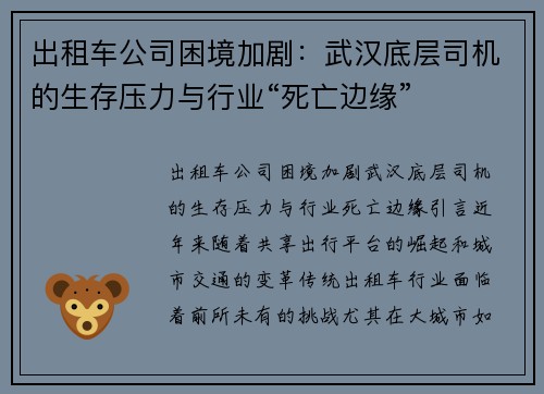 出租车公司困境加剧:武汉底层司机的生存压力与行业“死亡边缘” 出租车公司困境加剧:武汉底层司机的生存压力与行业“死亡边缘”