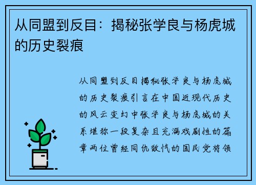 从同盟到反目:揭秘张学良与杨虎城的历史裂痕 从同盟到反目:揭秘张学良与杨虎城的历史裂痕