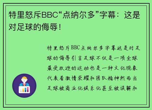 特里怒斥BBC“点纳尔多”字幕:这是对足球的侮辱! 特里怒斥BBC“点纳尔多”字幕:这是对足球的侮辱!