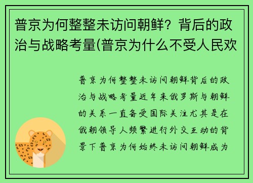 普京为何整整未访问朝鲜？背后的政治与战略考量(普京为什么不受人民欢迎)
